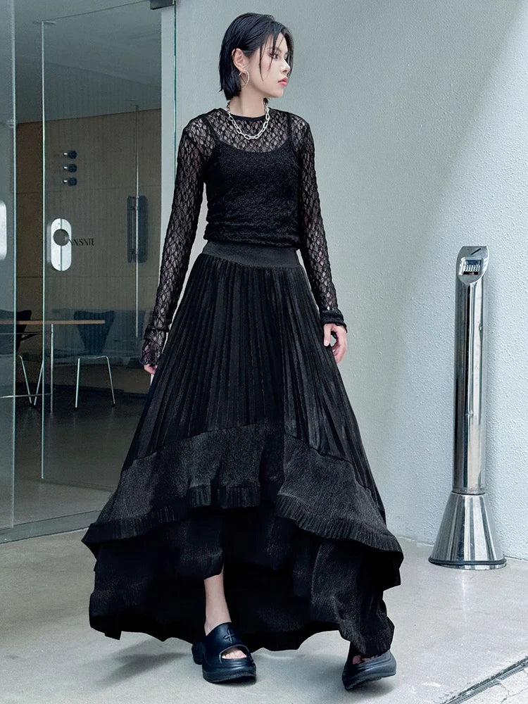 High Elastic Waist Black Irregular Pleated Elegant A-line Half-body Skirt Women Fashion New Spring Autumn 2025 1DJ0692