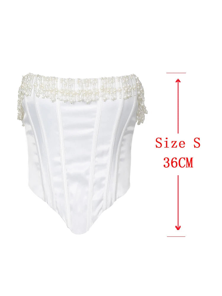 Luxury Strapless Women Cropped Top White Embellished Pearls and Beads Corset Tops Sexy Party Cocktail Clothing