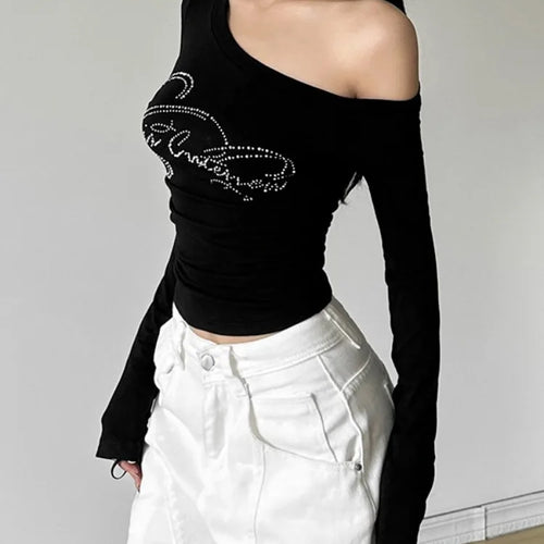 Load image into Gallery viewer, 2025 Harajuku Letter Diamond Vintage T-shirt Women Slash Neck Y2k Aesthetic Grunge Crop Tees Streetwear Slim Fit Autumn Tshirts
