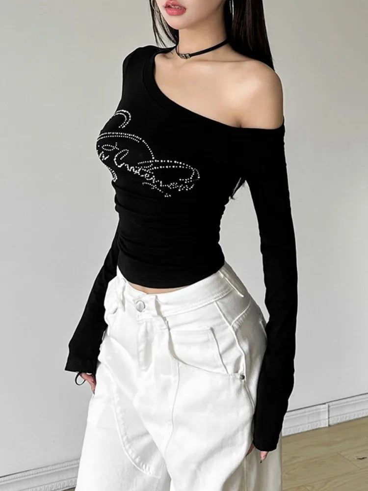 2025 Harajuku Letter Diamond Vintage T-shirt Women Slash Neck Y2k Aesthetic Grunge Crop Tees Streetwear Slim Fit Autumn Tshirts