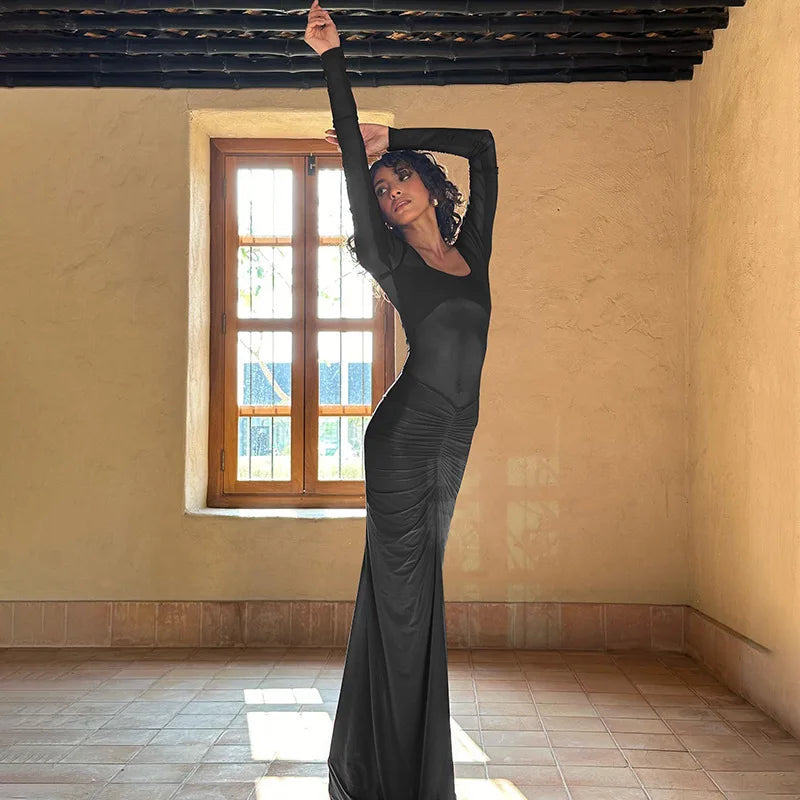 See Through Mesh Sexy Maxi Dress For Women Fashion Square Collar Long Sleeve Ruched Bodycon Club Party Long Dress