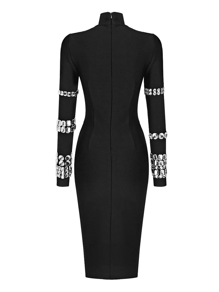 Solid Patchwork Diamonds Elegant Slimming Dresses For Women Turtleneck Long Sleeve High Waist Bodycon Dress Female Fashion