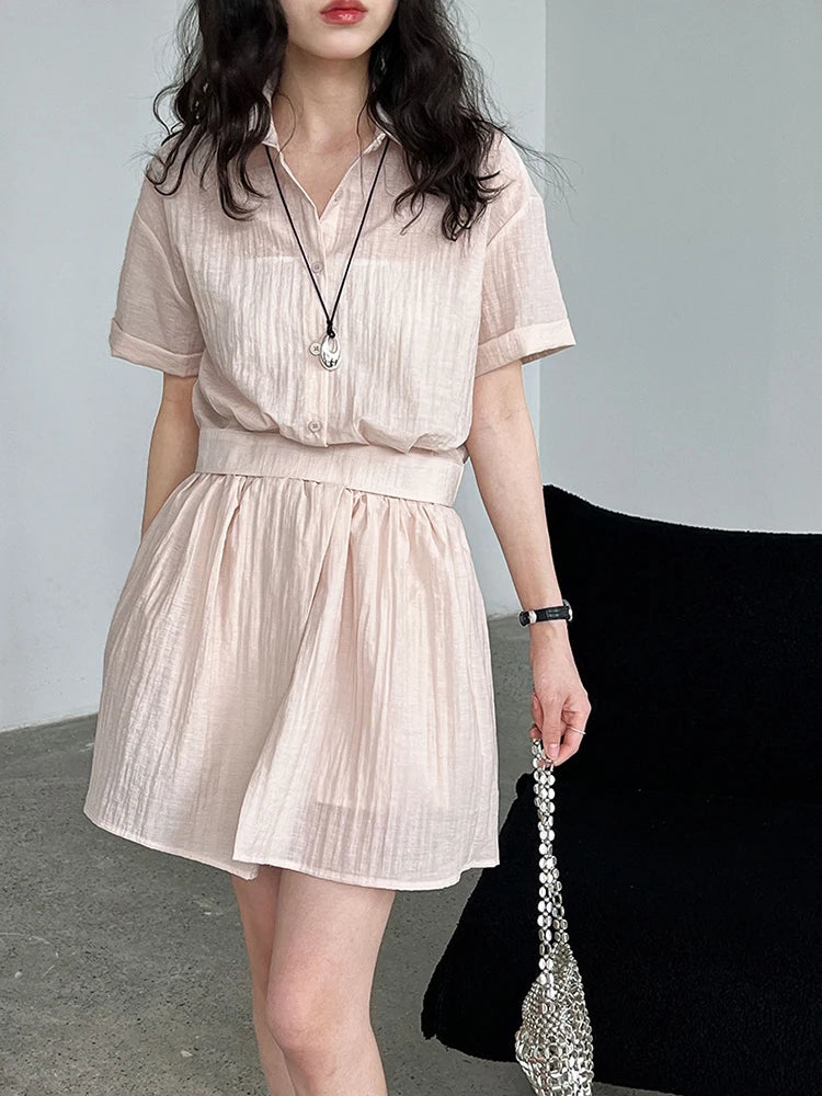 Beige Shirt Thin Half-body Skirt Two Pieces Suit New Lapel Short Sleeve Women Fashion Tide Spring Summer 2025 1DJ1239