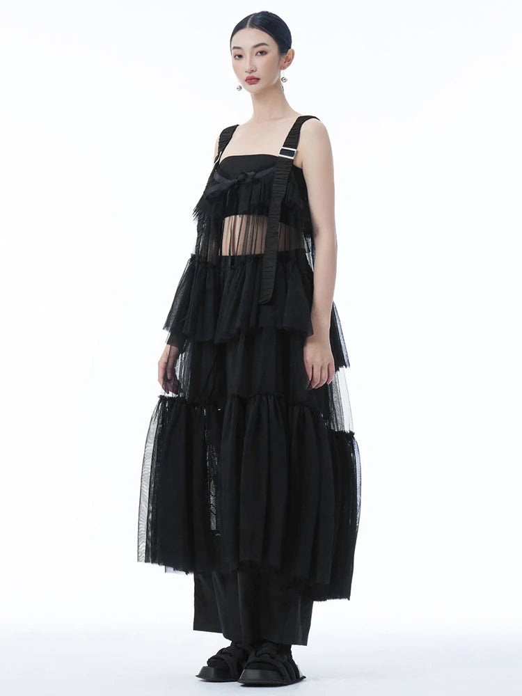 Women Black Mesh Perspective Big Size Strap Dress New Square Collar Sleeveless Fashion Tide Spring Summer 2025 1DJ1242