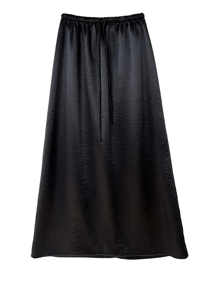 High Elastic Waist Black Satin Drawstring Elegant Half-body Skirt Women Fashion Tide New Spring Autumn 2025 1DJ0193
