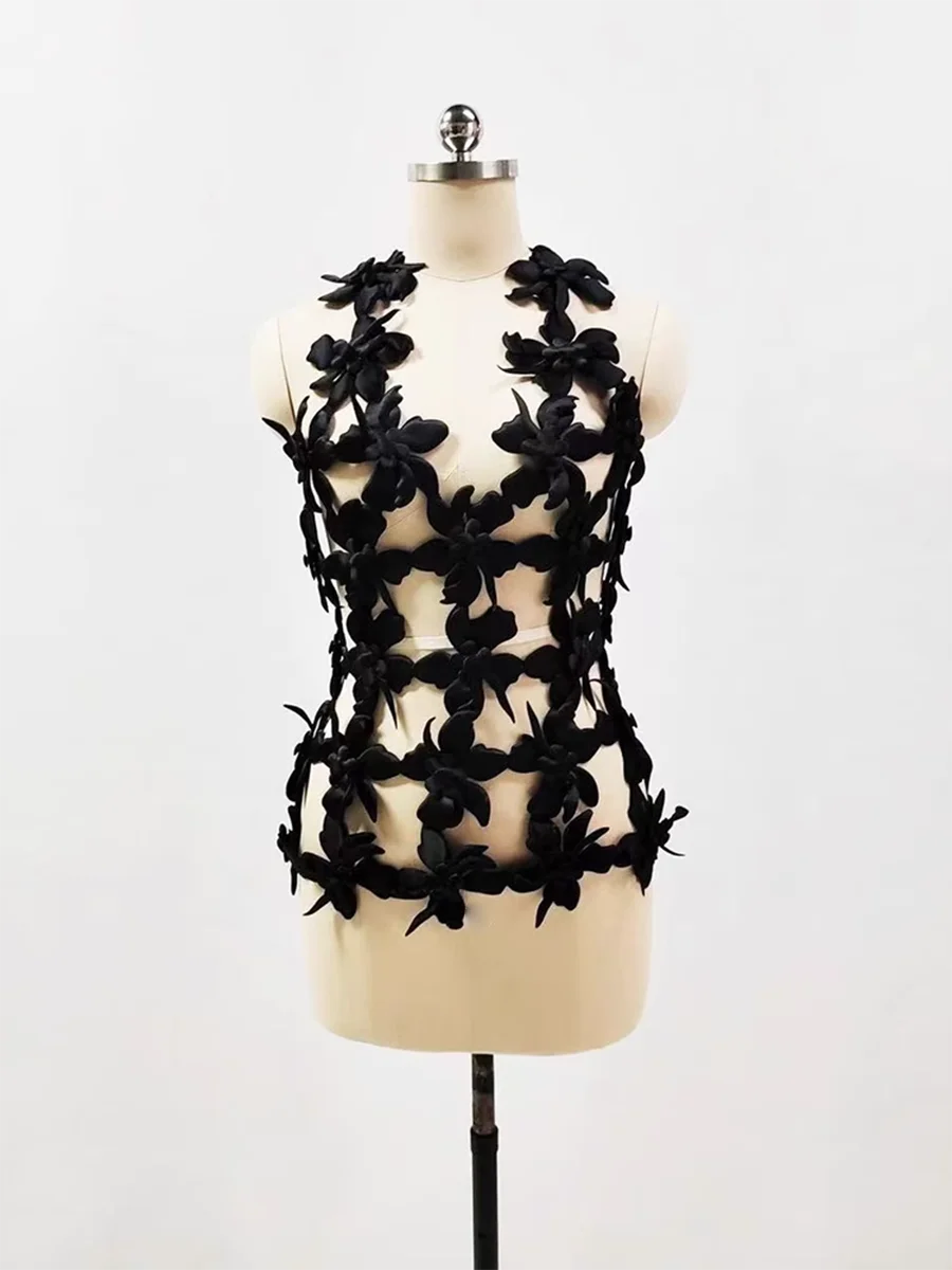 Solid Hollow Out Minimalist Sexy Vests For Women V Neck Sleeveless Backless Spliced Lace Up Top Female Fashion New