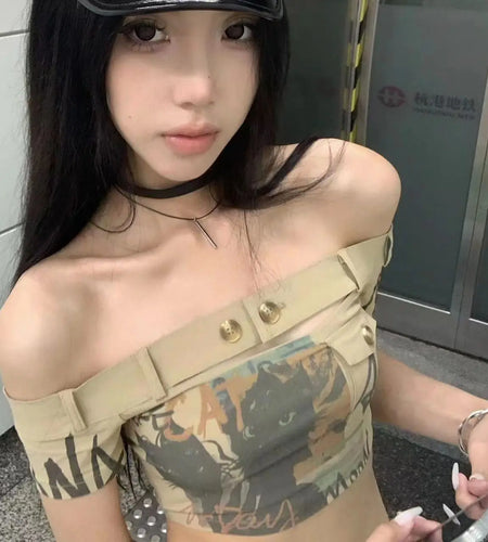 Ropa Mujer Fashion Woman Tshirts Slash Neck Tunic Sexy Tees Off Shoulder Print Casual Y2k  Crop Tops Temperament T-shirt