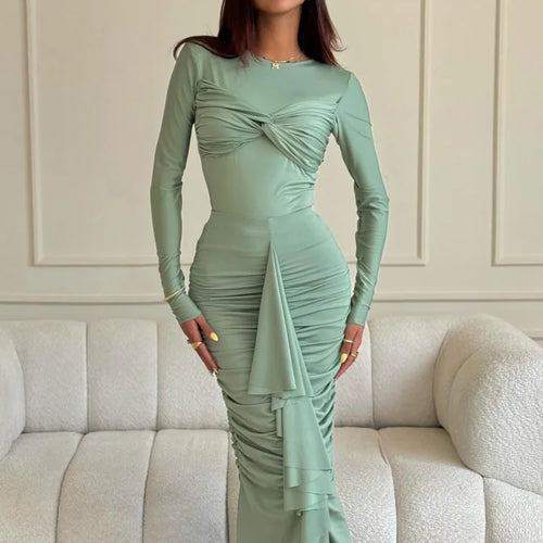 Load image into Gallery viewer, Elegant Long Sleeved Elastic Tight Pleated Party Club Evening Dress Women Fashion Maxi Vestido Autumn Winter New Female
