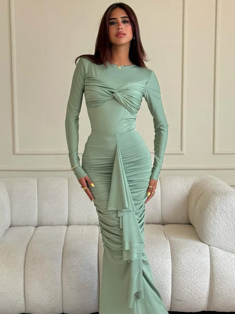 Elegant Long Sleeved Elastic Tight Pleated Party Club Evening Dress Women Fashion Maxi Vestido Autumn Winter New Female
