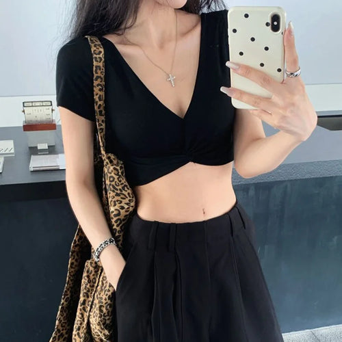 Load image into Gallery viewer, y2k Tops Summer Women Vest Solid Color Slim Fit V Neck Short Seeve Twist Front T Shirts 2000s Clothing Streetwear
