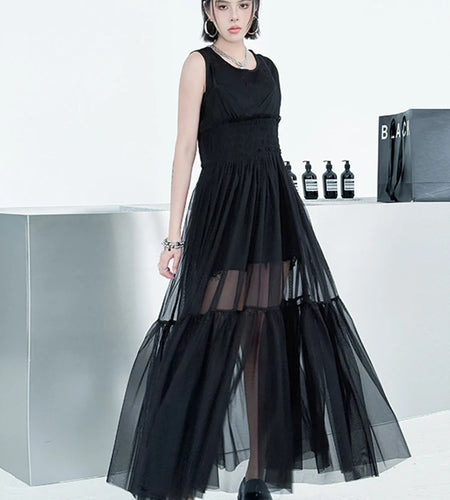 Women Black Mesh Perspective Elegant Spaghetti Strap Dress New V-Neck Sleeveless Fashion Tide Spring Summer  2025 1DJ0845