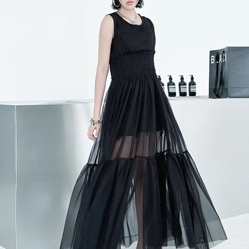 Load image into Gallery viewer, Women Black Mesh Perspective Elegant Spaghetti Strap Dress New V-Neck Sleeveless Fashion Tide Spring Summer  2025 1DJ0845
