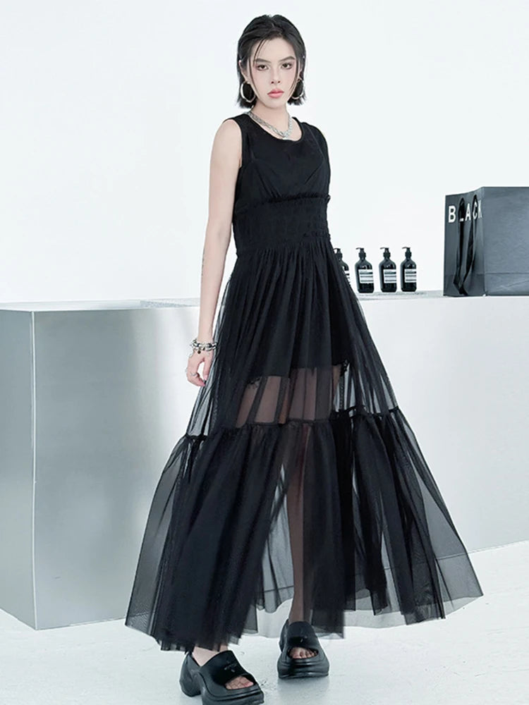 Women Black Mesh Perspective Elegant Spaghetti Strap Dress New V-Neck Sleeveless Fashion Tide Spring Summer  2025 1DJ0845