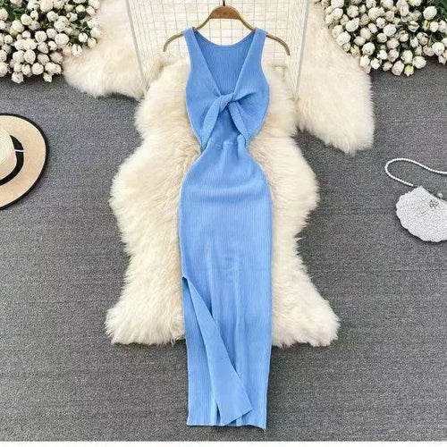 Load image into Gallery viewer, Korean Solid Knitted Split Long Dress Summer Women V Neck Sleeveless Kink Sexy Club Slim Bodycon Wrapped Hip Dress Vestidos Chic
