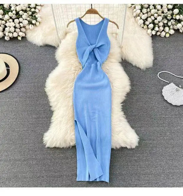 Korean Solid Knitted Split Long Dress Summer Women V Neck Sleeveless Kink Sexy Club Slim Bodycon Wrapped Hip Dress Vestidos Chic