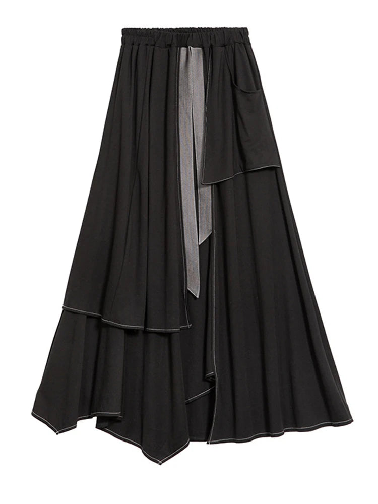 High Elastic Waist Black Irregular False Two Denim Half-body Skirt Women Fashion Tide New Spring Autumn 2025 1DJ0910
