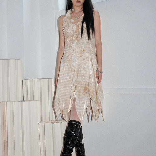 Load image into Gallery viewer, Women Apricot Printed Ruffles Irregular Backless Mini Dress New Halter Sleeveless Fashion Tide Spring Summer 2025 1DJ1462
