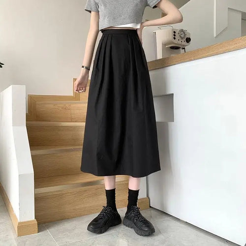 Load image into Gallery viewer, Spring Summer Women Solid Pockets Skirts Vintage High Waist Elastic Chic Long Cake A-line Versatile Mid Length Skirt For Student
