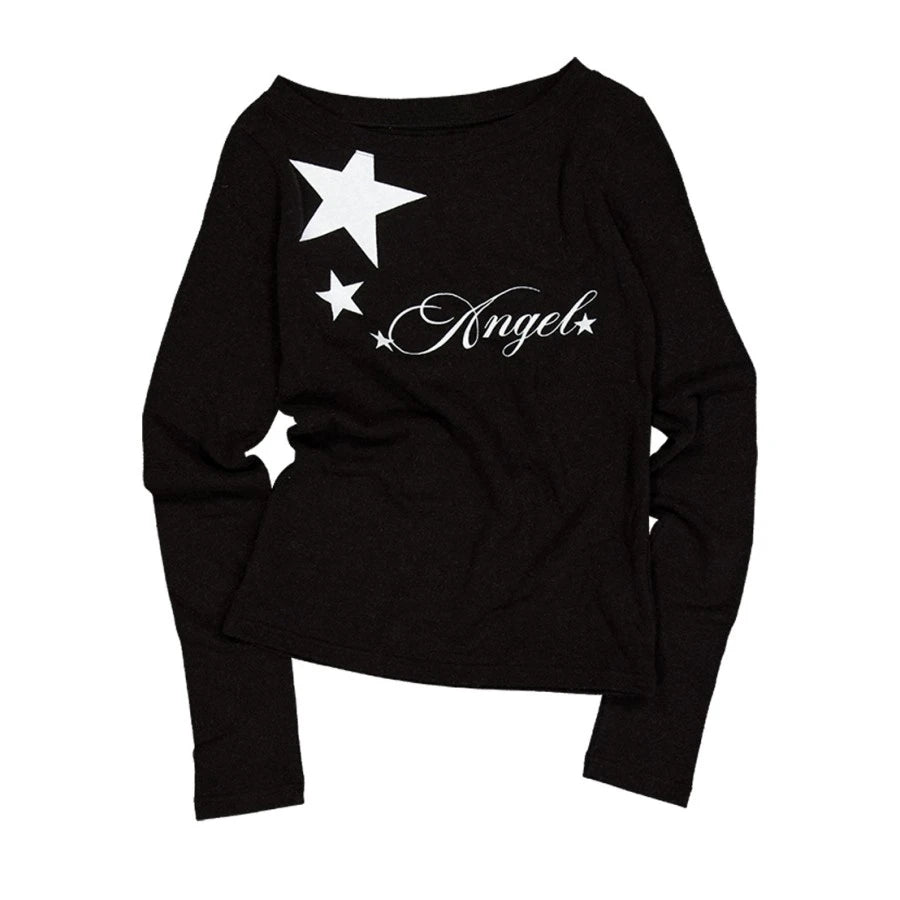 Y2k Aesthetic Letter Star Printing Vintage Tshirts Women Straight Barrel Grunge Autumn Tees Harajuku Simple Streetwear T Shirt