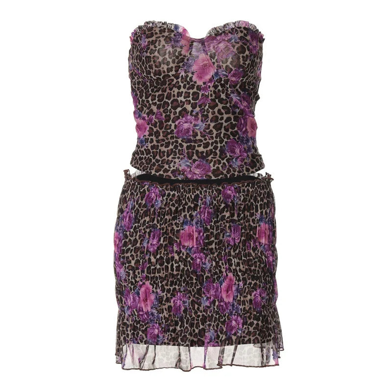 Leopard Print Sexy Skirt Two Piece Sets Women Off-shoulder Crop Tops And Mini Skirt Female Summer Beach 2 Piece Set