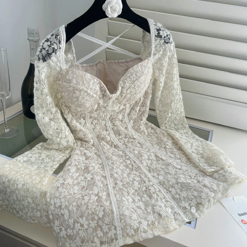 Load image into Gallery viewer, Vintage Women Beige Lace Elegant Backless Short Dress Autumn Square Neck Long Sleeves Birthday Evening Party Dress 2024 Holiday
