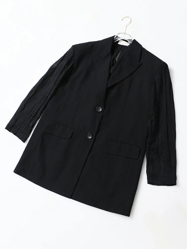 Women Black Pleated Back Bandage Big Size Blazer New Lapel Long Sleeve Loose Fit  Jacket Fashion Spring Autumn 2025 1Y053