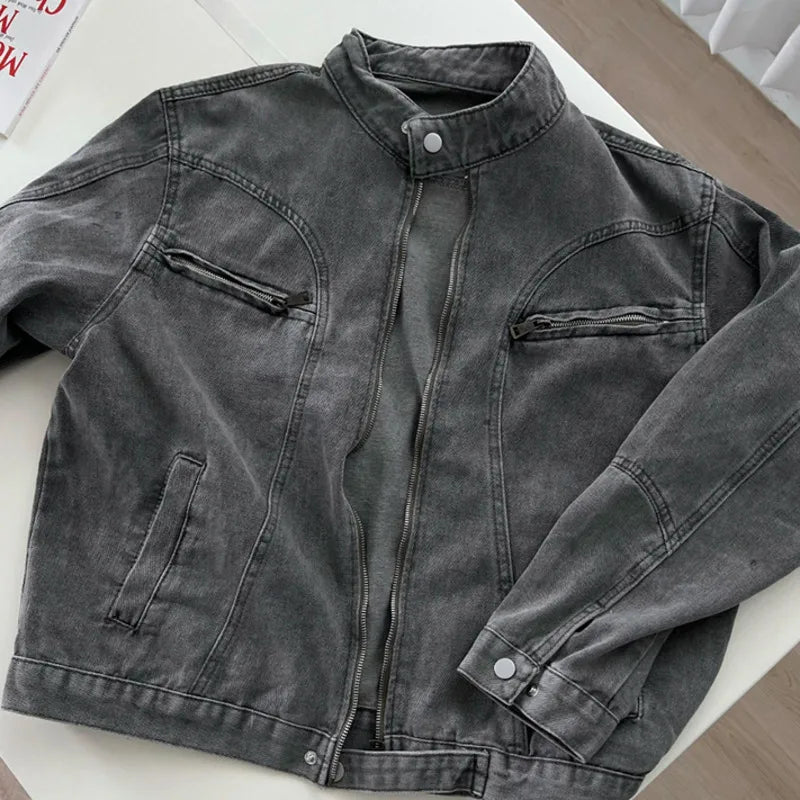 Spring Men's Jakect Washed Stand Collar Male Denim Jackets New Loose Style New Korean Solid Color Trendy Menwear 9W1454