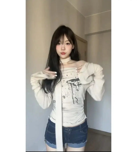 Korean Woman Tshirts Vintage Butterfly Long Sleeve Slash Neck Tees 2024 Ropa Mujer Crop Tops Fashion Casual Split Y2k T-shirts