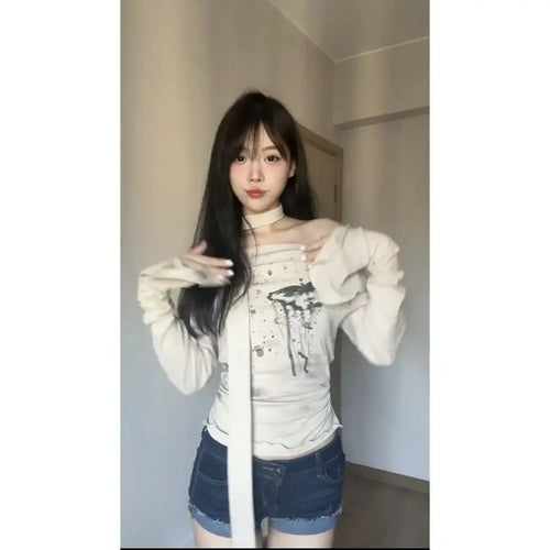 Load image into Gallery viewer, Korean Woman Tshirts Vintage Butterfly Long Sleeve Slash Neck Tees 2024 Ropa Mujer Crop Tops Fashion Casual Split Y2k T-shirts
