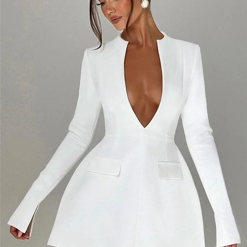 Load image into Gallery viewer, Deep V Neck Long Sleeve Sexy Mini Dress For Women Fashion Two Pocket High Waist A-line Club Party Sexy Dress Elegant
