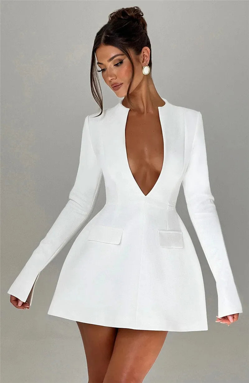 Deep V Neck Long Sleeve Sexy Mini Dress For Women Fashion Two Pocket High Waist A-line Club Party Sexy Dress Elegant
