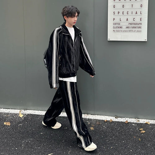Load image into Gallery viewer, Niche Design Men&#39;s Two-piece Striped Lapel Contrast Color Jackets Straight Wide Leg Drawstring Male Sweatshirts 2025 9C9203
