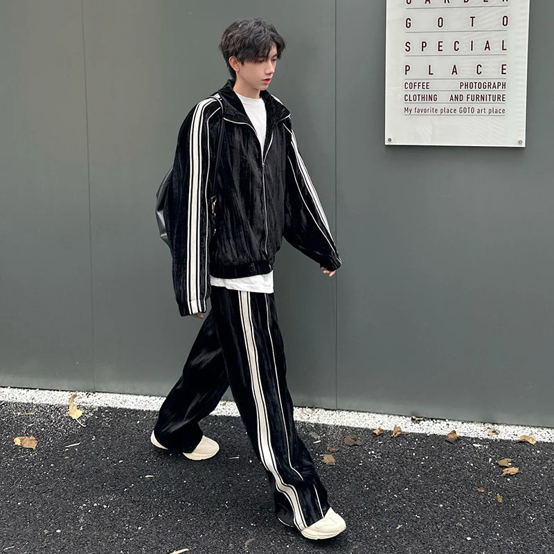 Niche Design Men's Two-piece Striped Lapel Contrast Color Jackets Straight Wide Leg Drawstring Male Sweatshirts 2025 9C9203
