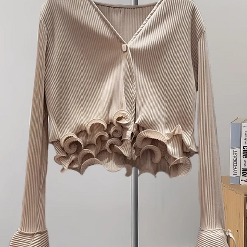 Load image into Gallery viewer, Solid Spliced Ruffles Slimming Blouses For Women V Neck Long Sleeve Temperament Shirts Female Fashion Style Clothes
