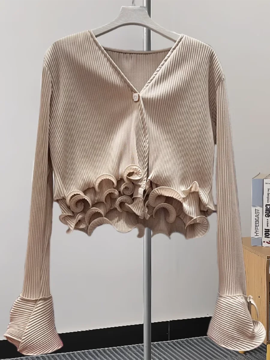 Solid Spliced Ruffles Slimming Blouses For Women V Neck Long Sleeve Temperament Shirts Female Fashion Style Clothes