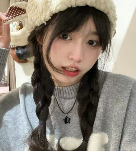 Japanese Grunge Kawaii Cute Flocking Dog Sweaters Women Y2k Aesthetic Casual Loose Jumpers 2025 Autumn New Gentle Gray Pullovers