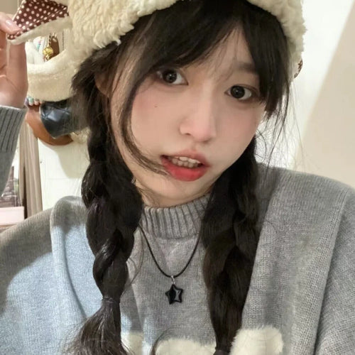 Load image into Gallery viewer, Japanese Grunge Kawaii Cute Flocking Dog Sweaters Women Y2k Aesthetic Casual Loose Jumpers 2025 Autumn New Gentle Gray Pullovers
