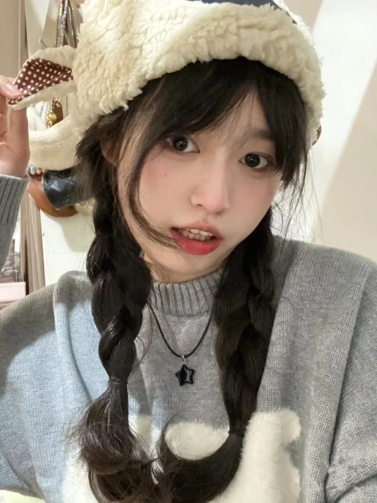 Japanese Grunge Kawaii Cute Flocking Dog Sweaters Women Y2k Aesthetic Casual Loose Jumpers 2025 Autumn New Gentle Gray Pullovers