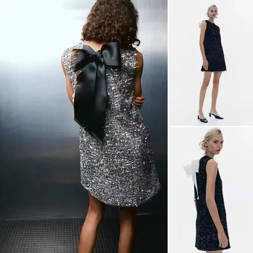 Load image into Gallery viewer, Sequins Backless Bow Sexy Mini Dress For Women Robe 2025 New Sleeveless A-line Sparkle Club Dress Elegant Vestido
