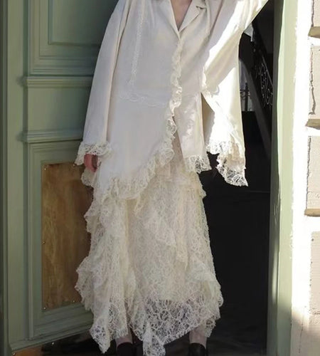 Solid Loose Spliced Lace Two Piece Sets for Women Lapel Long Sleeves Blouse High Waist Skirt Irregular Set Female