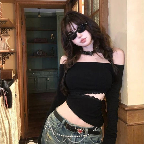 Load image into Gallery viewer, 2025 Hollow Out Lace Patchwork Tshirts Y2k Aesthetic Slash Neck Grunge T-shirt Harajuku Autumn Irregular Vintage Tops Streetwear
