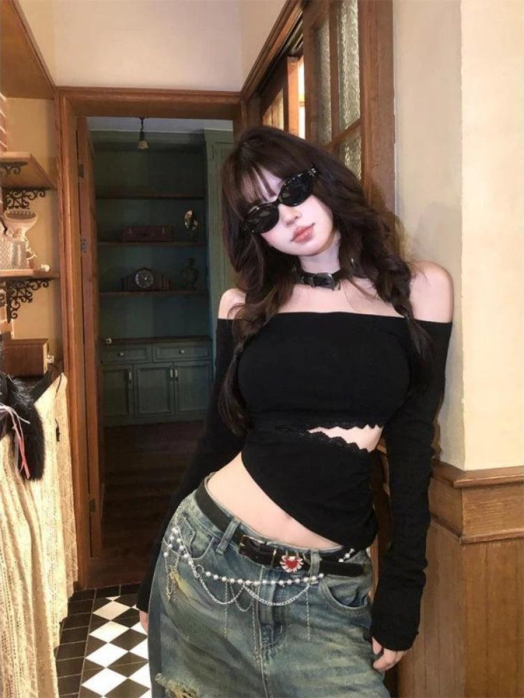 2025 Hollow Out Lace Patchwork Tshirts Y2k Aesthetic Slash Neck Grunge T-shirt Harajuku Autumn Irregular Vintage Tops Streetwear