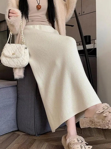 Korean Fashion Solid Velvet Elegant High Waist Festival Long Skirt Autumn Winter Women Slim Straight Knitted Half Skirt 2024 New