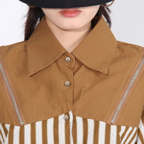 Load image into Gallery viewer, Colorblock Striped Patchwork Zipper Loose Shirts For Women Lapel Long Sleeve Spliced Single Breasted Blouses Female
