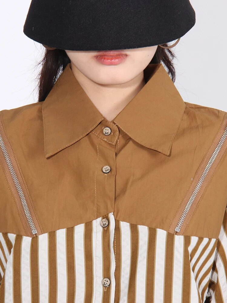 Colorblock Striped Patchwork Zipper Loose Shirts For Women Lapel Long Sleeve Spliced Single Breasted Blouses Female