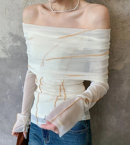 Elegant Tops for Women y2k Clothes See Through Striped Patchwork Long Sleeve Mesh T Shirts 2000s Clothing Streetwear