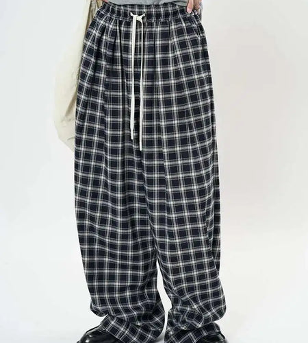 High Elastic Waist Blue Plaid Drawstring Long Wide Leg Pants New Trousers Women Fashion Tide Spring Autumn 2025 1DH9462
