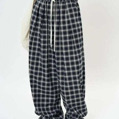 Load image into Gallery viewer, High Elastic Waist Blue Plaid Drawstring Long Wide Leg Pants New Trousers Women Fashion Tide Spring Autumn 2025 1DH9462
