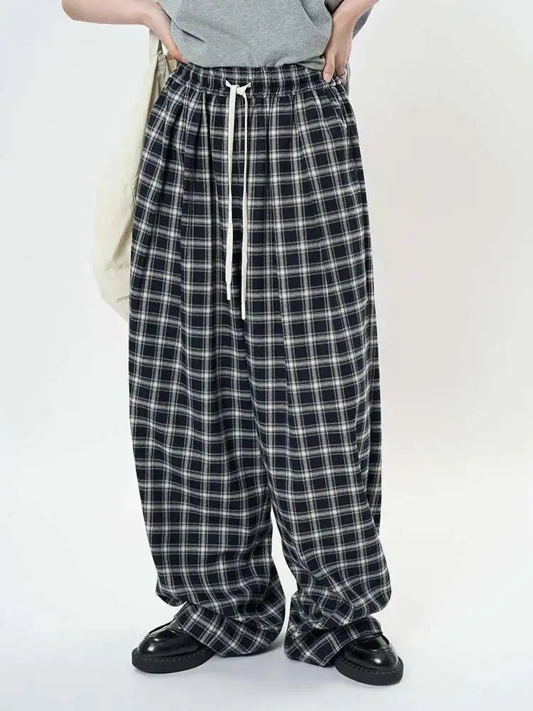 High Elastic Waist Blue Plaid Drawstring Long Wide Leg Pants New Trousers Women Fashion Tide Spring Autumn 2025 1DH9462