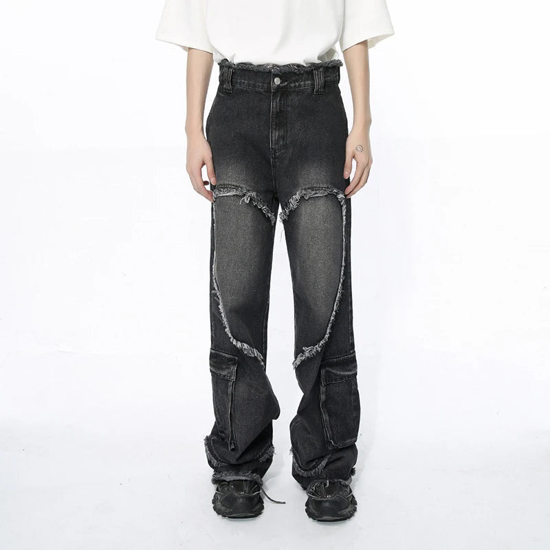 Male Jeans Personalized Design Raw Edge Straight Trousers Pocket Autumn Trendy Washed Denim Pants Trend 9C5091